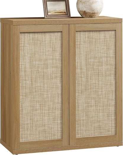 SICOTAS Rattan Buffet Sideboard Cabinet - Large Boho Coffee Bar Cabinet with Storage & Adjustable Shelves, Farmhouse Console Table Credenza Stand for Living Room, Dining Room, Entryway, Oak