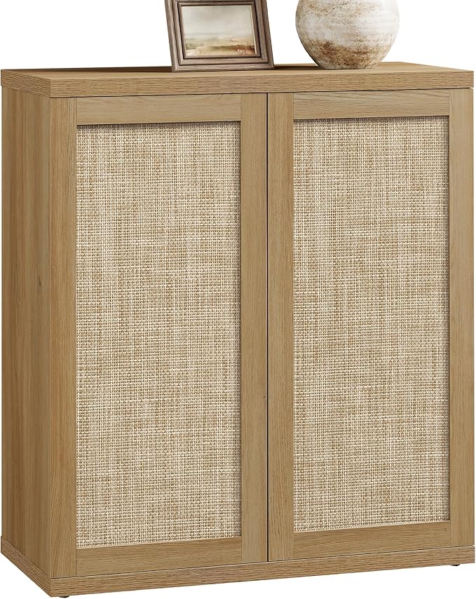 SICOTAS Rattan Sideboard Storage Cabinet - Boho Credenza Coffee Bar Cabinet with Doors & Adjustable Shelves, Large Farmhouse Buffet Console Table for Living Room, Kitchen, Entryway, Amber Oak