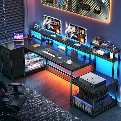 71" L Shaped Gaming Desk with 3 Drawers & Hutch,Computer Desk with Monitor Stand & Power Outlet,Home Office Desk Reversible Black Desk with LED Light,Printer Shelf for Home Office,Black Carbon Fiber