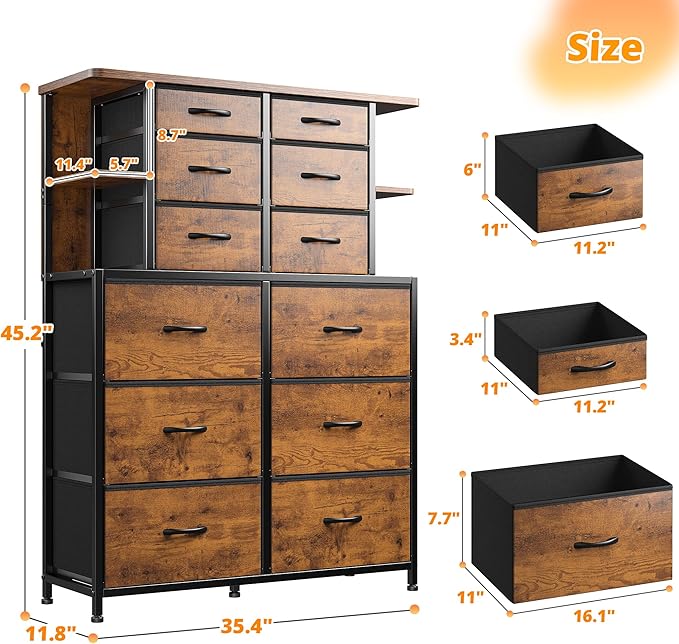 EnHomee Dresser with 12 Drawers & LED Lights, Dresser for Bedroom with 4 Open Storage Shelves, Fabric Dressers & Chests of Drawers, Metal Frame, Wood Top,45.2" H x 35.4" W x 11.8" D, Rustic Brown