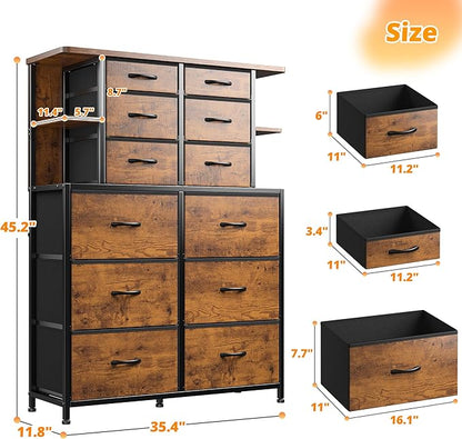 EnHomee Dresser with 12 Drawers & LED Lights, Dresser for Bedroom with 4 Open Storage Shelves, Fabric Dressers & Chests of Drawers, Metal Frame, Wood Top,45.2" H x 35.4" W x 11.8" D, Rustic Brown