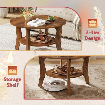 WLIVE Round Coffee Table, 2-Tier Small Coffee Table with Storage Shelf, Circle Wood Center Table for Living Room, Apartment, Easy Assembly, Rustic Brown