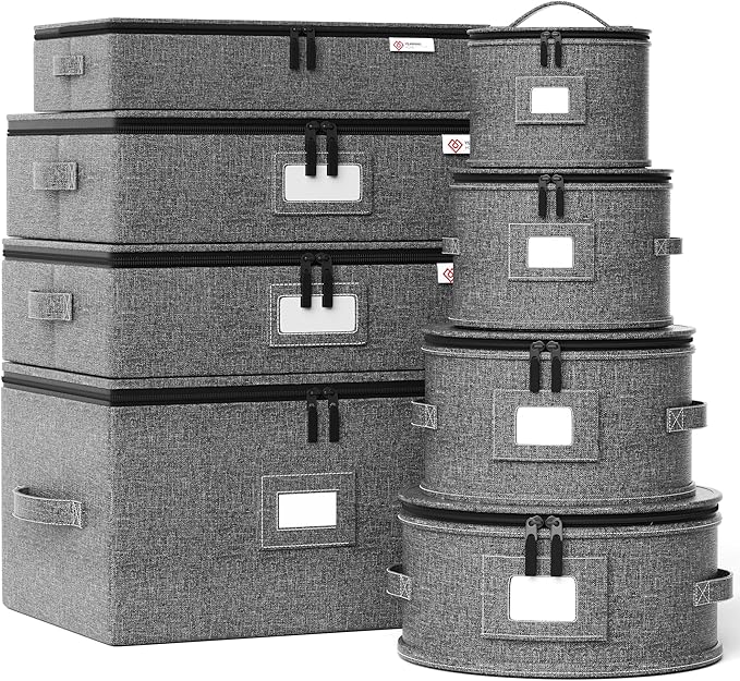 YearningHome China Storage Containers Hard Shell,Moving Boxes for Mugs,Wine Glassess,Plates,Sausers,Utensils and Dinnerware, Sturdy Dish Organizer with Felt Dividers,8-Piece Set,Grey
