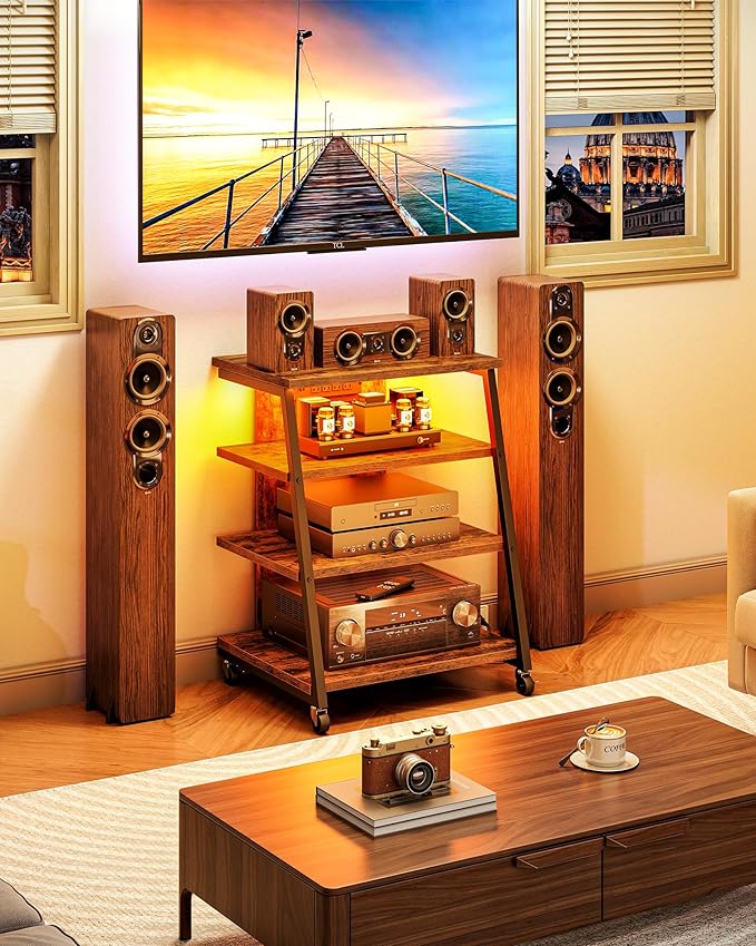 CHOEZON 4-Tier AV Media Stand with Wheels, Stereo Stands, Media Console Shelf with Power Strips, LED Lights, Wooden Audio Cabinet Rack Tower, Rustic Brown and Black TCJ60UDBF