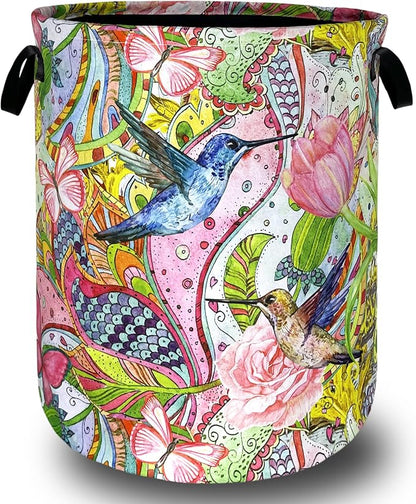 Boho Hummingbird Laundry Basket Pink Flowers Floral Laundry Hamper Foldable Oxford Cloth Birds Colorful Tote Bag Clothes Toy Storage Bucket For Bathroom/Laundry Storage/Bedroom 18.9 x 16.5 Inch