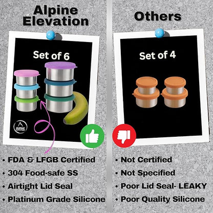 Alpine Elevation 12-Piece Stainless Steel Snack Dip Condiment Containers Set | 3 x 7.4 oz and 3 x 3.4 oz with Silicone Lids | Reusable Leakproof Food Storage Containers for Lunch Meal Prep and Travel