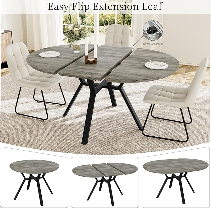 Extendable Round Dining Table Set for 4 People, 43.3"-59.1" Extendable Kitchen Table with 4 Upholstered Chairs, Space Saving for Kitchen Dining Room (Grey Table+4 U-Shaped White Chairs)