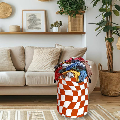 Orange Checkerboard Laundry Hamper Foldable Oxford Cloth Colorful Plaid Laundry Basket With Handle Portable Clothes Storage Organizer Basket 18.9"x16.5" Storage Bag For Laundry Room/Bathroom/Bedroom