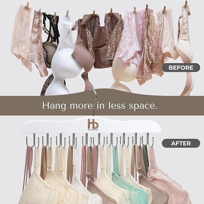 Large Bra Hanger and Bra Organizer for Closet – Tank Top Hanger Space Saving for House, Dorm, Apartment - Foldable Wooden for Closet Organizer– with 20 Hook - Lotus Wood, White, 1 Pack