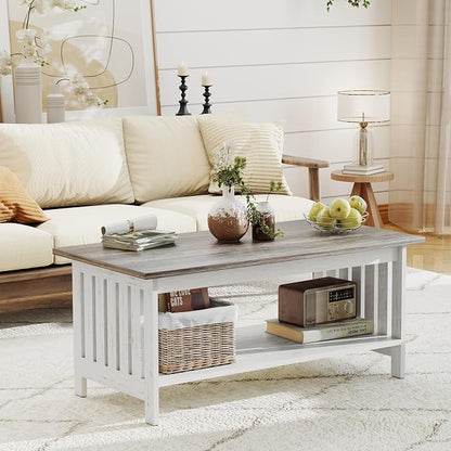 YOSHOOT 39.4" Farmhouse Coffee Table, Small Coffee Tables for Living Room | Grey, 2 Tier Coffee Table with Storage, Tea Table for Living Room Bedroom Small Space