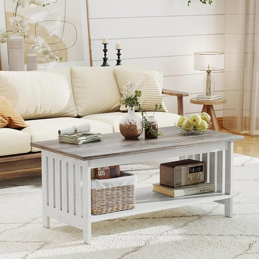 YOSHOOT 39.4" Farmhouse Coffee Table, Small Coffee Tables for Living Room | Grey, 2 Tier Coffee Table with Storage, Tea Table for Living Room Bedroom Small Space