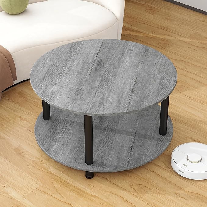 23.6" Round Coffee Table, 2-Tier Small Circle Coffee Table with Storage, Modern Center Accent Table with Metal Frame, Side Table End Table for Small Space, Living Room, Office, Grey