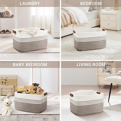 SunNewt 60L Large Laundry Basket with Leather Handles for Living Room Storage, Woven Rope Baskets Bin for Blanket, Kids Toy, Gifts, Wicker Hamper for Bedroom Dirty Clothes, 21"x15"x11" Dark Brown