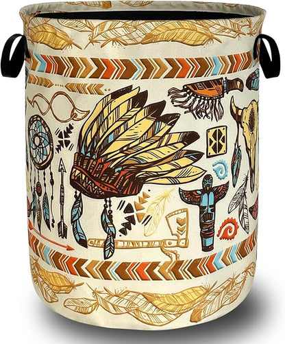 Feather Printed Laundry Basket Oxford Cloth Foldable Boho Laundry Hamper With Handle Portable Clothes Storage Organizer Basket 18.9x16.5Inch Laundry Bag For Laundry Room/Bedroom/Bathroom/Dormitories