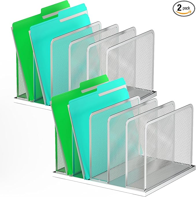 Kuntine.B Desk File Organizer Upright Mesh Desktop Organizer File Sorter Office Organization File Holder for Home, Office & Classroom (Silver, 2 Pack 5-Section)