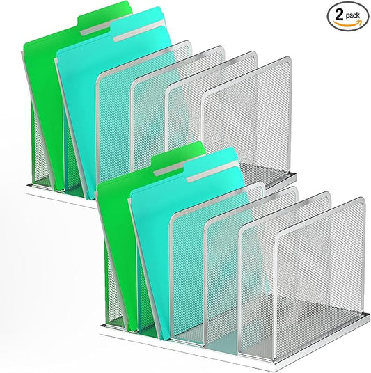 Kuntine.B Desk File Organizer Upright Mesh Desktop Organizer File Sorter Office Organization File Holder for Home, Office & Classroom (Silver, 2 Pack 5-Section)