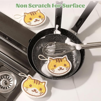 JOYMOOP Cartoon Kitchen Sponge, Cellulose Sponges for Cleaning, 4 Pack Non-Scratch Sponges for Dishes, Reusable Sponge for Household Cleaning - Kitten Pattern