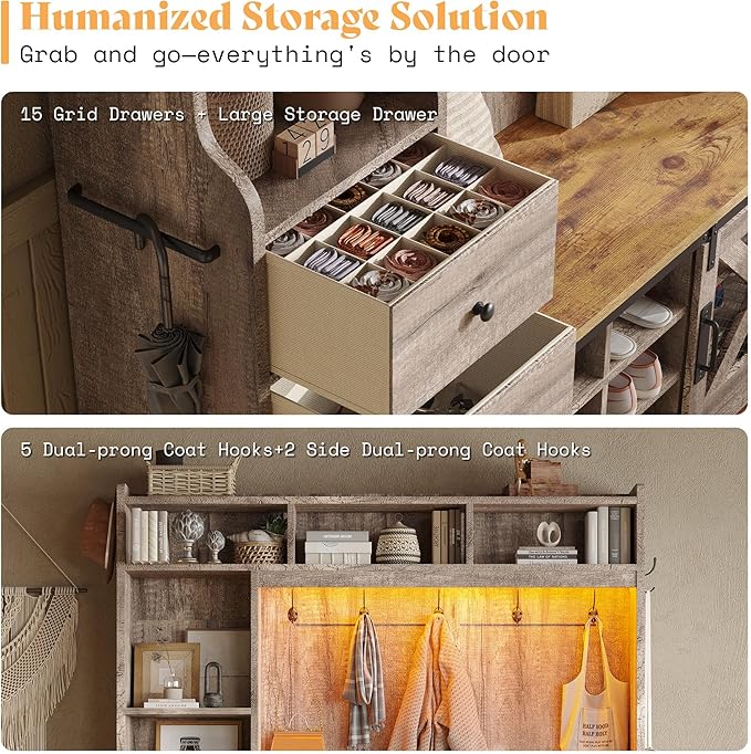 AMERLIFE 7-in-1 Farmhouse Hall Tree with Bench and Shoe Cabinet, LED Entryway Bench with 2 Drawers,12 Shoe Cubbies & Barn Doors, 7 Coat Racks & Adjustable Shelf, Rustic Gray