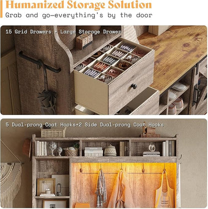 AMERLIFE 7-in-1 Farmhouse Hall Tree with Bench and Shoe Cabinet, LED Entryway Bench with 2 Drawers,12 Shoe Cubbies & Barn Doors, 7 Coat Racks & Adjustable Shelf, Rustic Gray