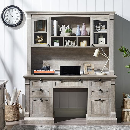 OKD Farmhouse Hutch for 60" Executive Desk, Office Desk Storage Cabinet with Glass Doors and Shelves, Top Hutch Organizer for Home Office - Light Rustic Oak