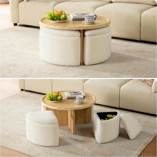 Round Coffee Table with Stools Underneath, Wood Ottoman Coffee Tables with 4 Boucle Storage Ottomans & Seats, Mid-Century Modern Coffee Table with Chairs for Living Room, Small Space, Natural&White