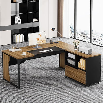 L Shaped Executive Computer Desk with Mobile File Cabinet and LED Light, 63 inch Large Office Table Business Furniture with Storage and Drawers for Home Office, Dark Walnut