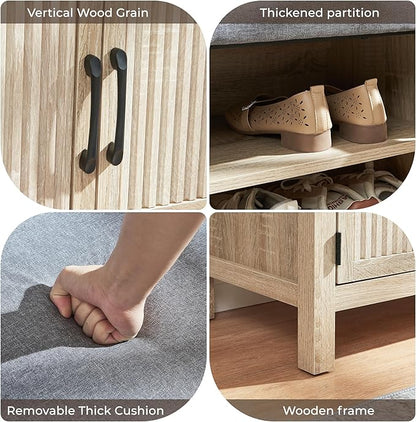 Shoe Storage Cabinet with Bench, Shoe Organizer with 2 Doors Shoe Rack Benches with Cushion for Front Door Entrance Entryway Living Room(Oak)