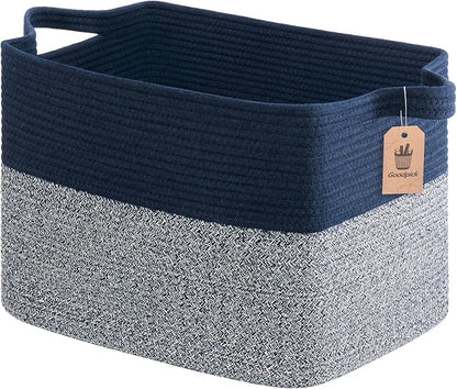 Goodpick Woven Baskets for Organizing, 18" x 14" x 12" Large Storage Basket for Living Room Bedroom, Decorative Toy Baskets Storage Kids Rectangle Blanket Basket with Handles, Dark Blue