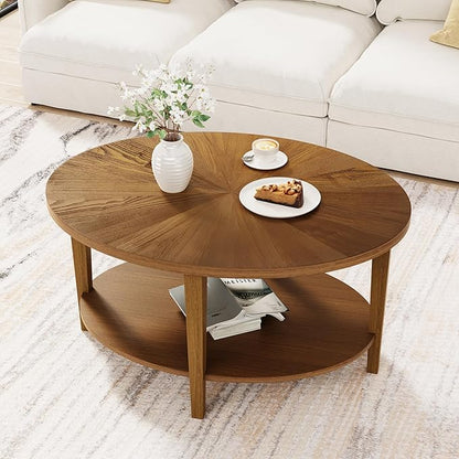 Solid Wood Oval Coffee Table for Living Room, 2 Tier Farmhouse Coffee Table with Storage Shelf, Double Layer Center Table for Living Room, Easy Assembly