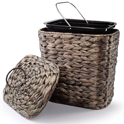 Tidita 1.5 Gallon Wicker Waste Basket with Lid, Removable Liner, Iron Frame | Water Hyacinth Construction, Hand-Woven, Removable Lid, Isolates Odors, Plastic Removable Liner, Iron Frame, Black Color