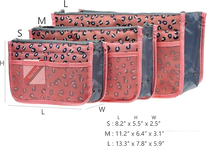Vercord Purse Organizer Insert for Handbags Bag Organizers Inside Tote Pocketbook Women Nurse Nylon 13 Pockets Pink Leopard Small