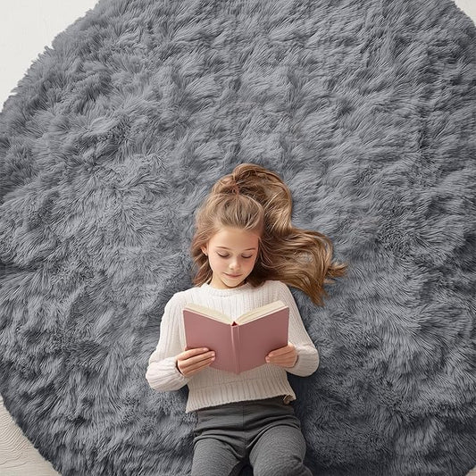 OLANLY Grey Round Rugs for Bedroom - Machine Washable, 6 ft Circle Area Rugs for Living Room, Soft and Fluffy Shaggy Carpet for Teen Girls and Boys, Nursery Rooms, Dorms, Home Decor Aesthetic