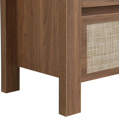 XIAO WEI Rattan Nightstand with Charging Station, Boho Bedside Table with 2 Drawers, Farmhouse End Table for Bedroom, Wood Accent Bed Side Table with Storage, Reclaimed Caramel Oak