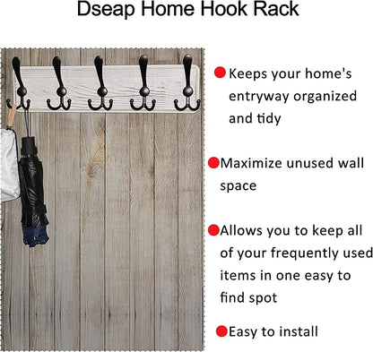 Dseap Coat Rack Wall Mounted - 5 Tri Hooks, Heavy Duty, Wooden Wall Coat Hanger Coat Hook for Clothes Hat Jacket Clothing, White & Black, Pack of 2