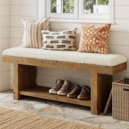 47.2" Solid Wood Bench, 2-Tier Farmhouse Upholstered Entryway Bench with Storage Shelf, Narrow Rustic Bench for Bedroom, Entryway, Mudroomn