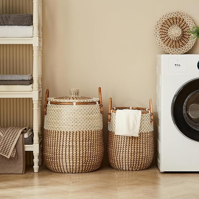 Laundry Baskets Hamper with Handles and Lid,2-Pack Handwoven Natural Seagrass Storage Hamper with Removable Laundry Bag, Toy Clothes Hamper for Home Bedroom, Bathroom, Laundry Room