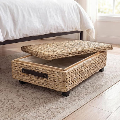 happimess BSK1006A 26.38" Chett Minimalist Hand-Woven Hyacinth/Wood Underbed Storage Bin with Wheels and Handles for Storage and Decoration in Bathroom, Bedroom, Closet, Entryway, Guest Room, Natural