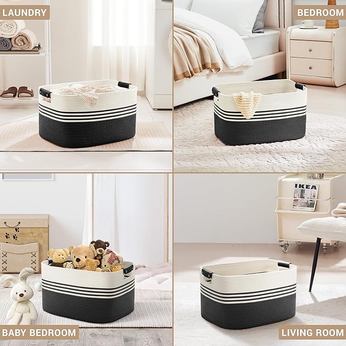 SunNewt 60L Large Laundry Basket with Leather Handles for Living Room Storage, Woven Rope Baskets Bin for Blanket, Kids Toy, Gifts, Wicker Hamper for Bedroom Dirty Clothes, 21"x15"x11" White Black