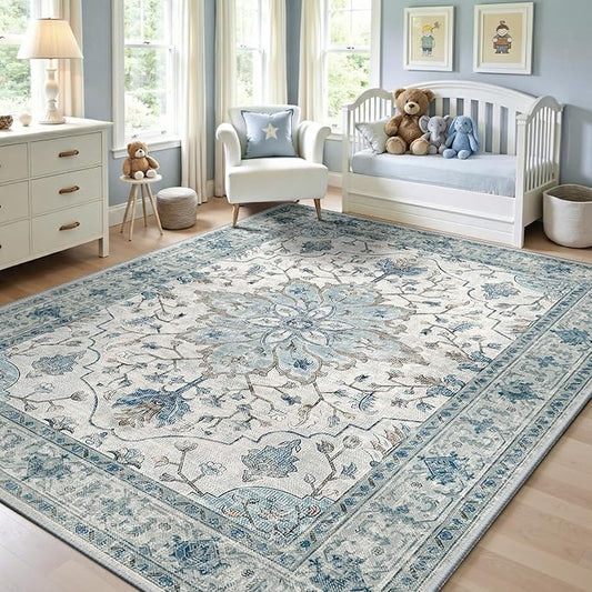 RELEANY Area Rugs 5'x7' Washable Non-Slip, Floral Vintage Distress Medallion Carpet for Living Room Bedroom Dining Room, Light Blue Navy Gray White
