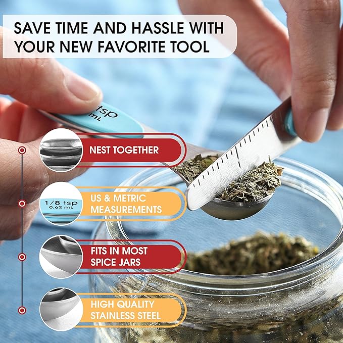 Spring Chef Stainless Steel Magnetic Measuring Spoons Set of 8 with Leveler, Nesting Metal Teaspoon & Tablespoon Measuring Spoons, Fits in Spice Jars, Kitchen Gadgets for Baking & Cooking - Aqua Sky