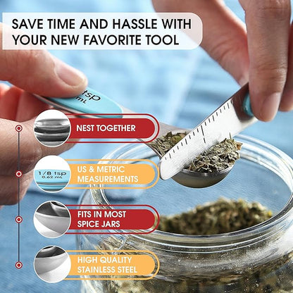 Spring Chef Stainless Steel Magnetic Measuring Spoons Set of 8 with Leveler, Nesting Metal Teaspoon & Tablespoon Measuring Spoons, Fits in Spice Jars, Kitchen Gadgets for Baking & Cooking - Aqua Sky
