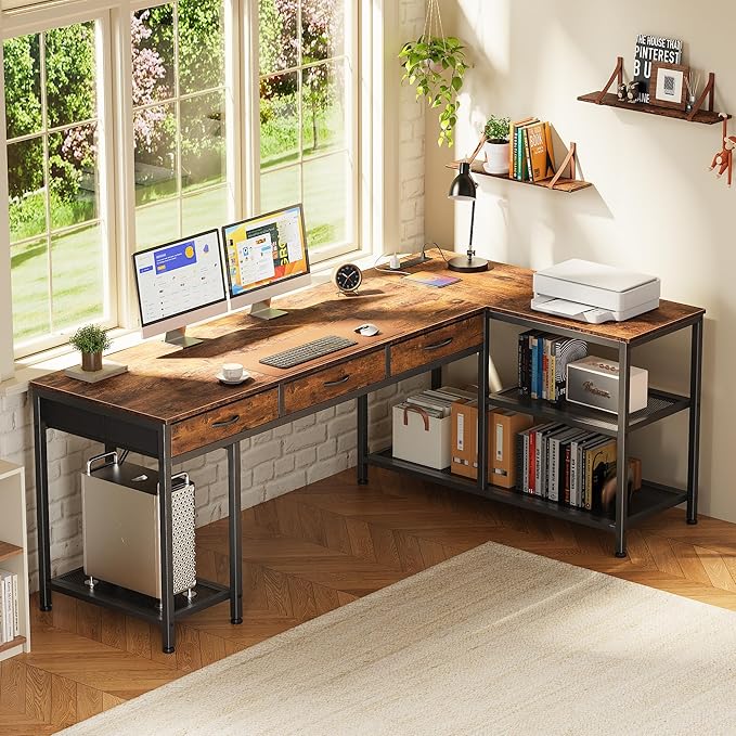 PRAISUN 63 Inch L Shaped Office Desk with Power Outlets and Type-C Port, Large Computer Gaming Desk with 3 Fabric Drawers, Mesh Shelves, Corner Study Work Writing Desk, Rustic Brown