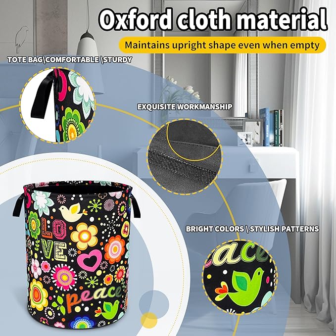 NUTAINLA Peace Hippie Flower Laundry Basket Foldable Oxford Cloth Funny Tote Bag Laundry Hamper Clothes Storage Bucket Toy Organizer For Bathroom/Laundry Storage/Bedroom 18.9x16.5 Inch