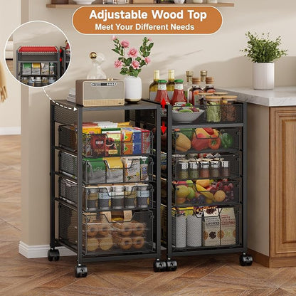 5-Tier Kitchen Utility Storage Cart with Adjustable Wood Top (Tabletop or Basket), Fruit Vegetable Storage Rack with Wheels & Drawers, Metal Rolling Pantry Cart, Kitchen Organizer for Snack Can Potato