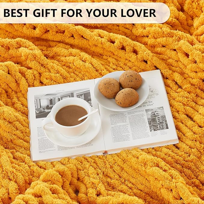 L'AGRATY Chunky Knit Throw Blanket - 40x50: 100% Hand-Knitted Chenile Crochet Blanket For Home Decor (Mustard Yellow)