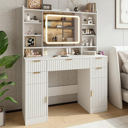 43.3" Fluted Vanity Desk with Mirror and Lights, Wood Makeup Vanity Desk with Charging Station & Mobile Mirror, Modern Dressing Table with Adjustable Shelves & Jewelry Hooks for Girls, Women, White