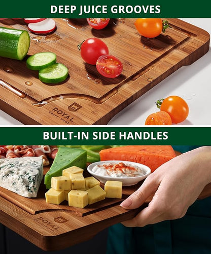 ROYAL CRAFT WOOD Wooden Cutting Boards for Kitchen Meal Prep & Serving - Non Toxic Bamboo Wood Cutting Board Set with Deep Juice Groove Side Handles - Charcuterie & Chopping Butcher Block for Meat