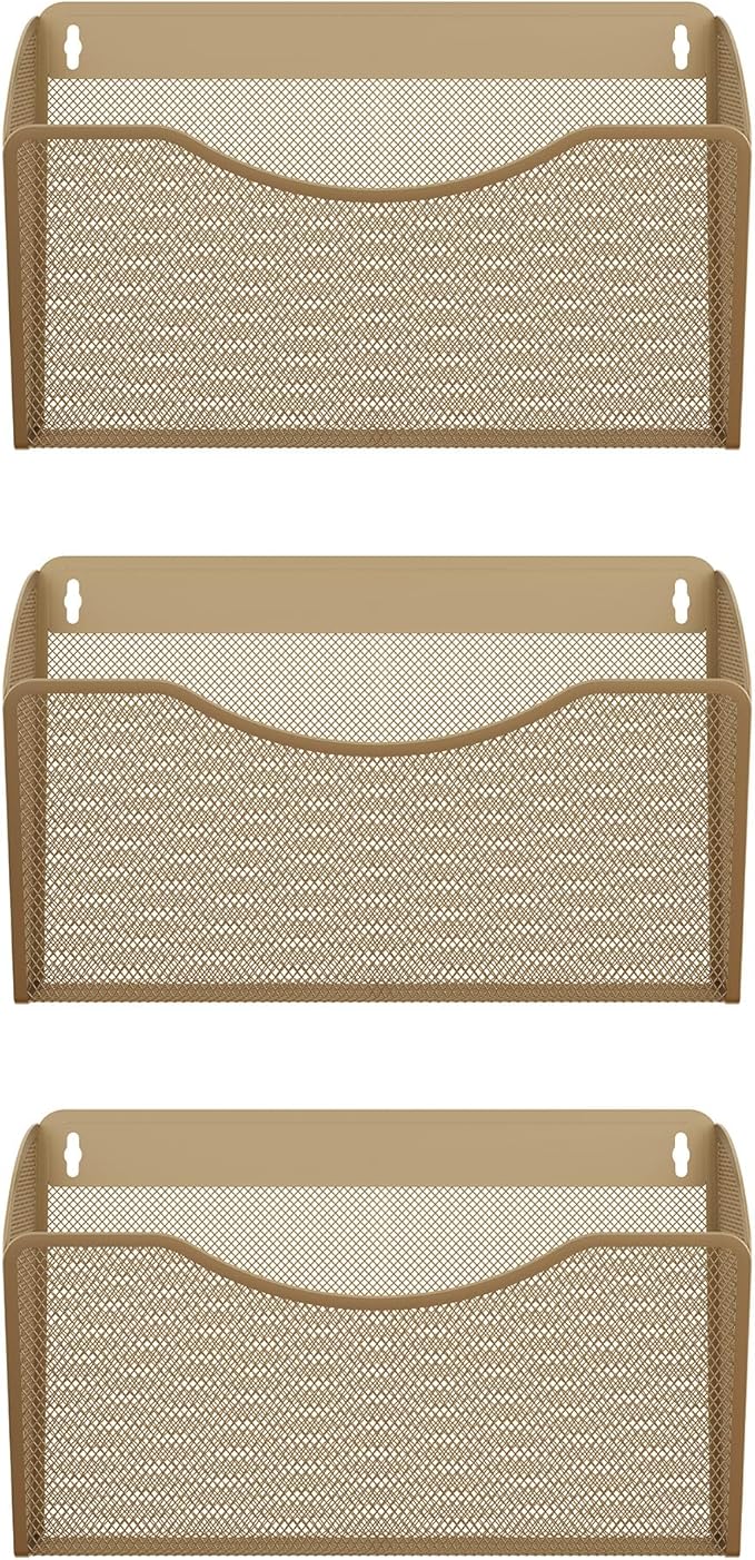 EasyPAG Wall File Organizer 3 Pack, Hanging File Organizer Wall Mount, Metal Mesh Folder Holder for Letter/A4 Papers, Mail Sorter for Office, Classroom, Home, Gold