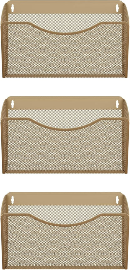 EasyPAG Wall File Organizer 3 Pack, Hanging File Organizer Wall Mount, Metal Mesh Folder Holder for Letter/A4 Papers, Mail Sorter for Office, Classroom, Home, Gold