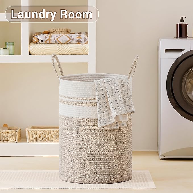 SunNewt Tall Laundry Basket with Handles, 72L Portable Dirty Clothes Hamper, Boho Cotton Rope Storage Bin for Blankets Kids Toys Gifts, Large Organizer for Baby Nursery Bedroom Bathroom, New Brown